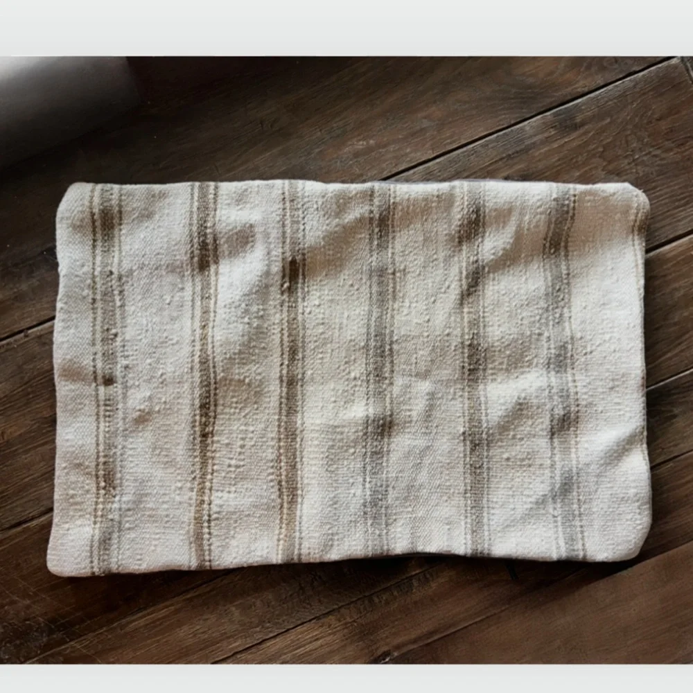 Neutral Kilim Hemp Lumbar Pillow Cream Tan Stripe Textured Pillow w/Insert 23x15